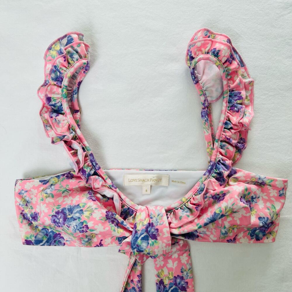 Love Shack Fancy Swim Palm Floral Ruffle Pink Bikini Top Sz Small Girly Coastal - Picture 11 of 12